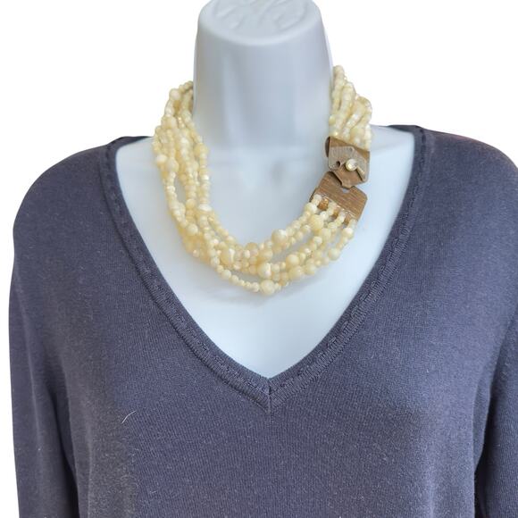 VTG Artisan Necklace Charlene Biesele Mother of Pearl Bead & Repousse Brass 20" - Picture 3 of 14